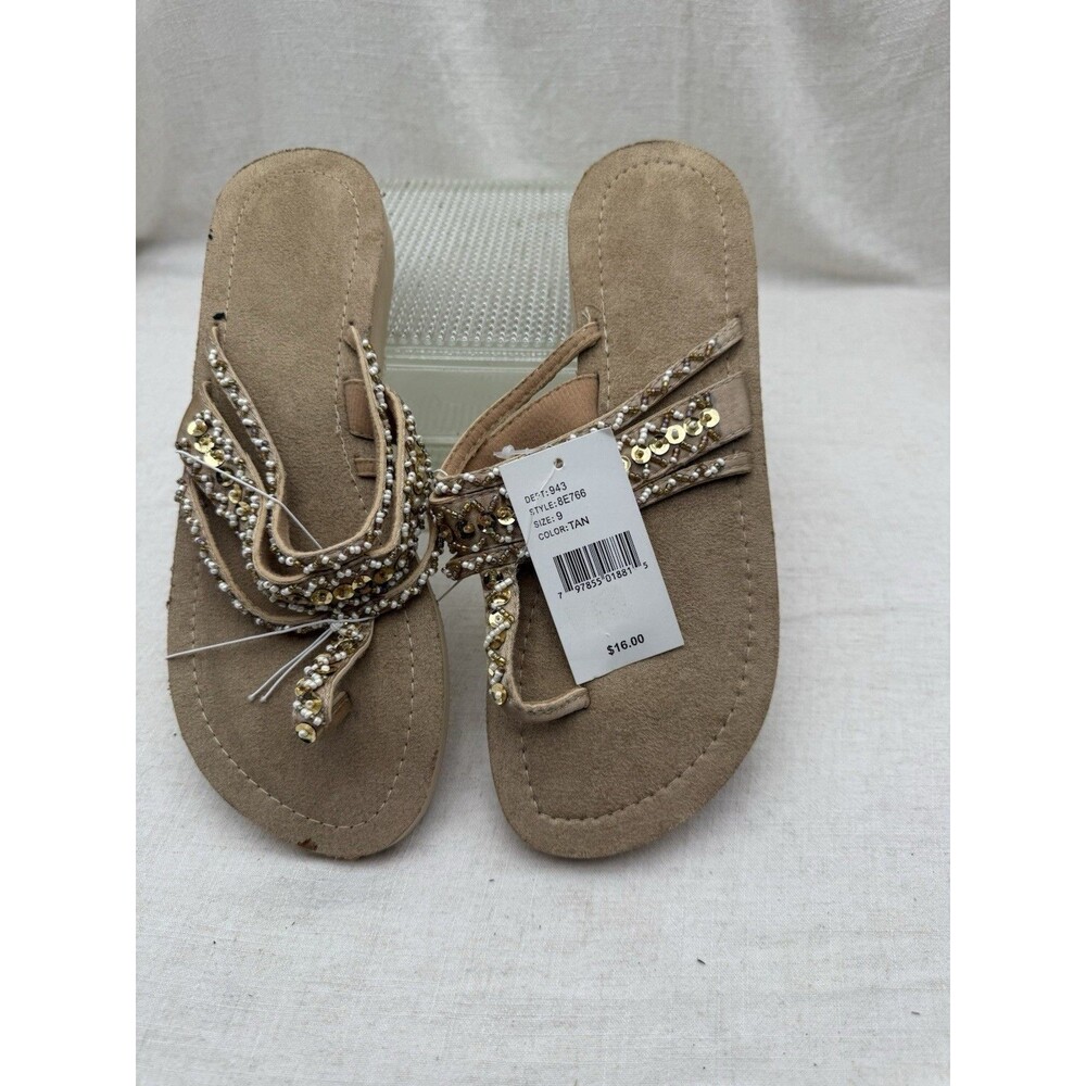 Womens Beaded Wrap Sandals Size 9 Tan Boho Sequin Lace Up Flat Thong New